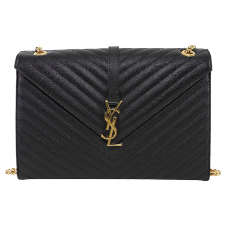 Saint Laurent Black Grain de Poudre Matelasse Quilted Envelope Chain Flap Bag Large GHW