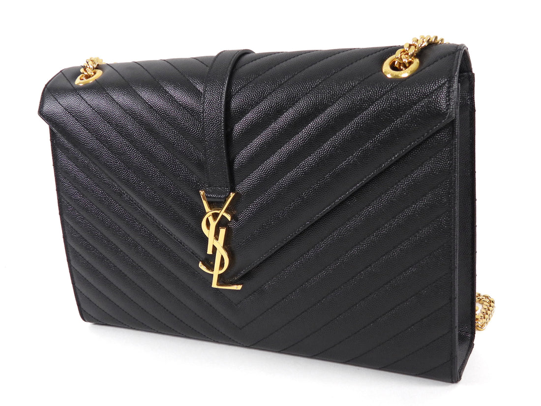 Saint Laurent Black Grain de Poudre Matelasse Quilted Envelope Chain Flap Bag Large GHW