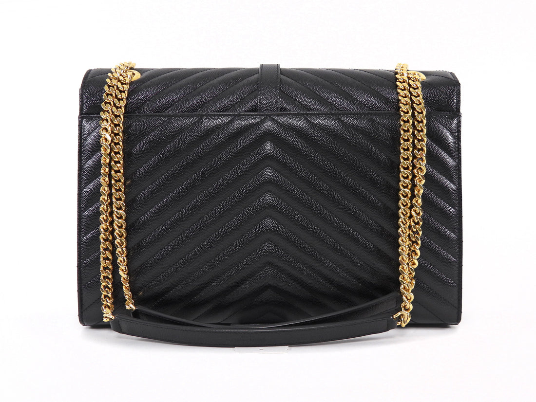 Saint Laurent Black Grain de Poudre Matelasse Quilted Envelope Chain Flap Bag Large GHW