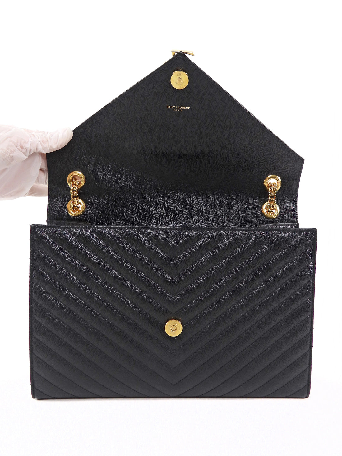 Saint Laurent Black Grain de Poudre Matelasse Quilted Envelope Chain Flap Bag Large GHW