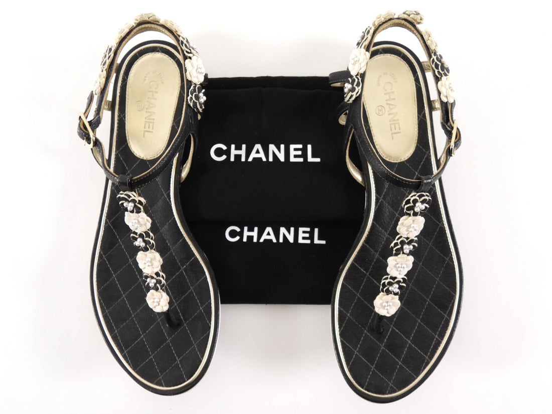 Chanel Black and White Leather Floral and Pearl Flat Sandals - 37.5