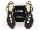 Chanel Black and White Leather Floral and Pearl Flat Sandals - 37.5