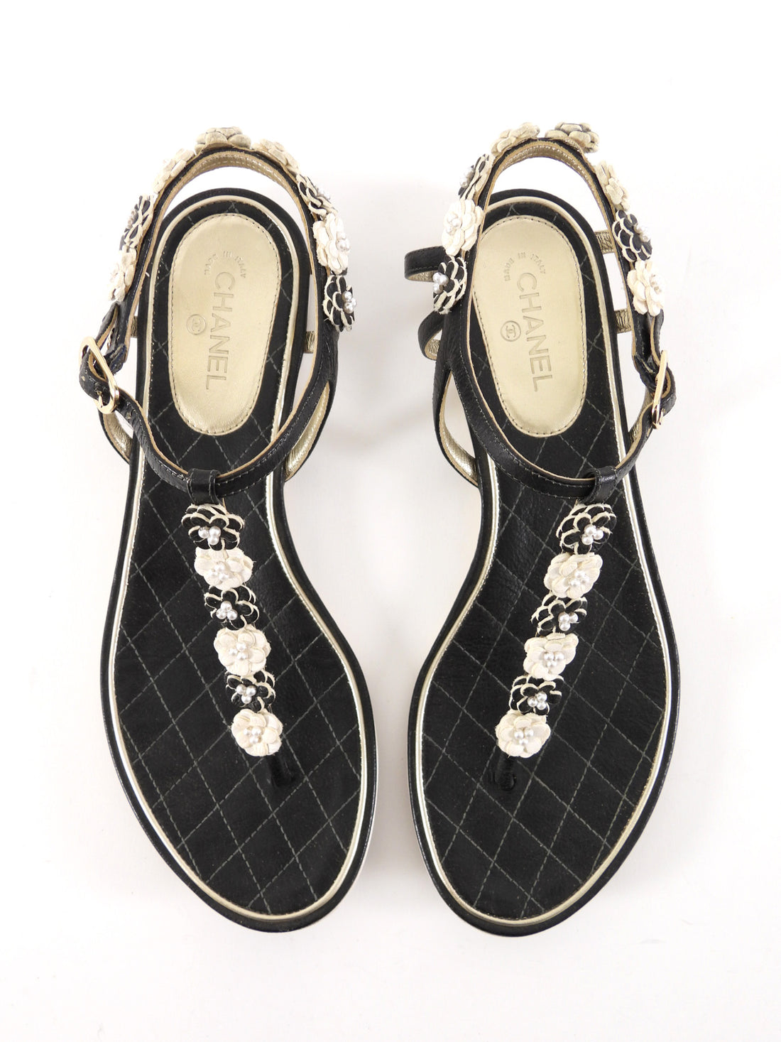 Chanel Black and White Leather Floral and Pearl Flat Sandals - 37.5