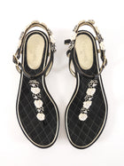 Chanel Black and White Leather Floral and Pearl Flat Sandals - 37.5
