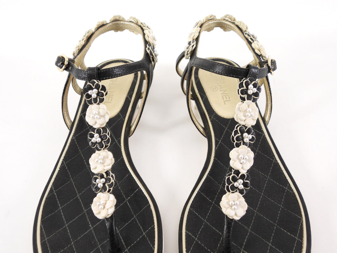 Chanel Black and White Leather Floral and Pearl Flat Sandals - 37.5
