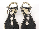 Chanel Black and White Leather Floral and Pearl Flat Sandals - 37.5