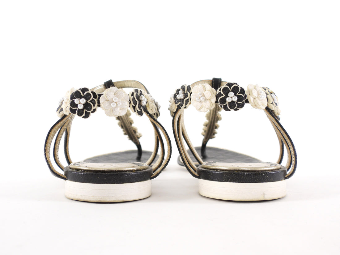 Chanel Black and White Leather Floral and Pearl Flat Sandals - 37.5