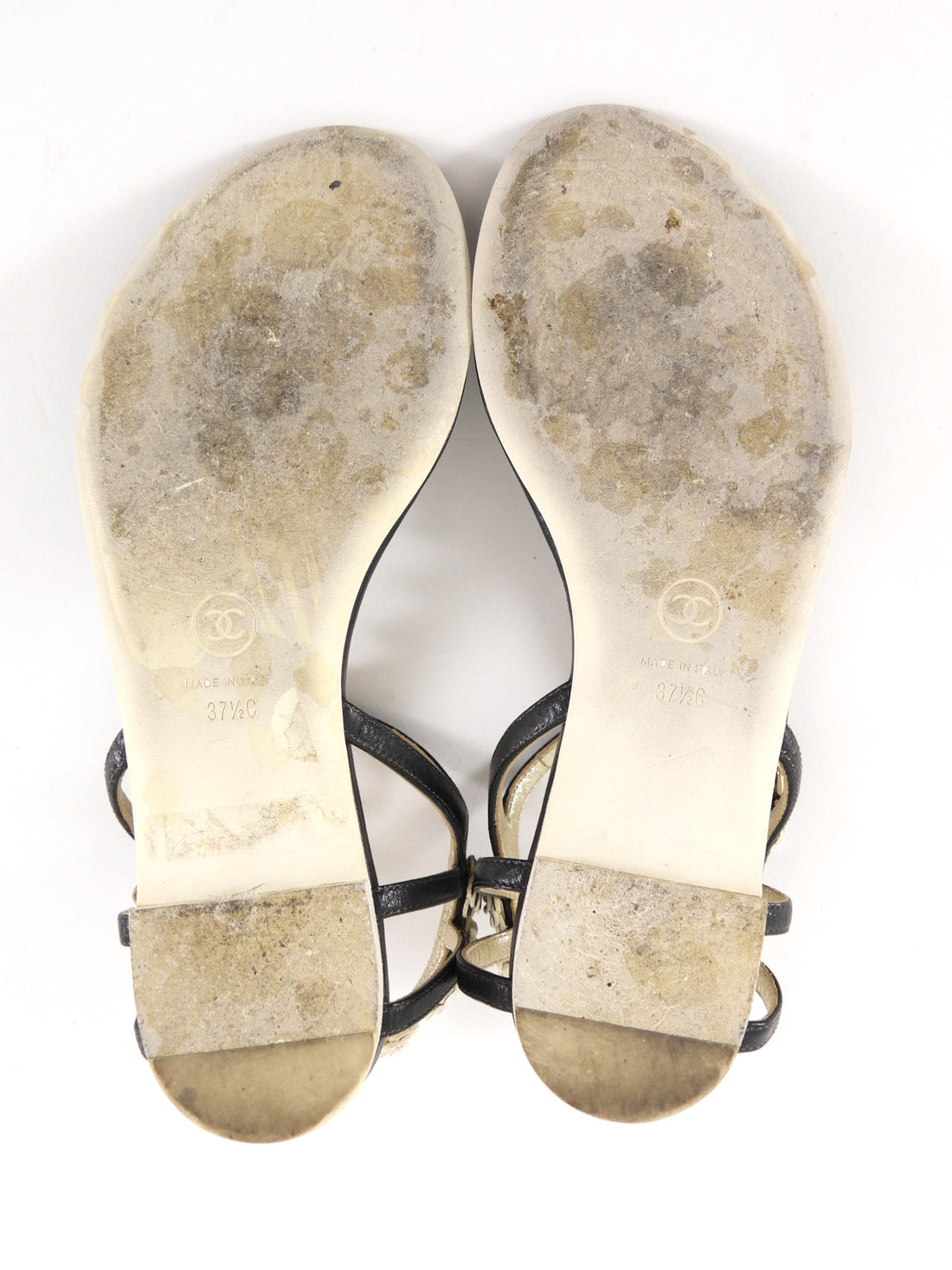 Chanel Black and White Leather Floral and Pearl Flat Sandals - 37.5