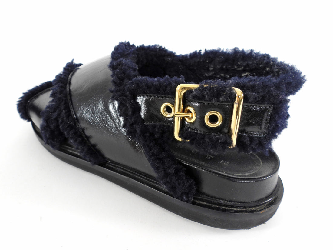 Marni Black and Navy Shearling Fussbett Sandals - 37