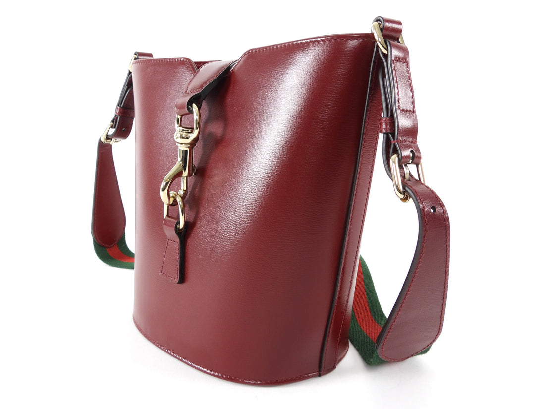 Gucci Burgundy Calfskin Tritone Stripe Web Small Bucket Bag