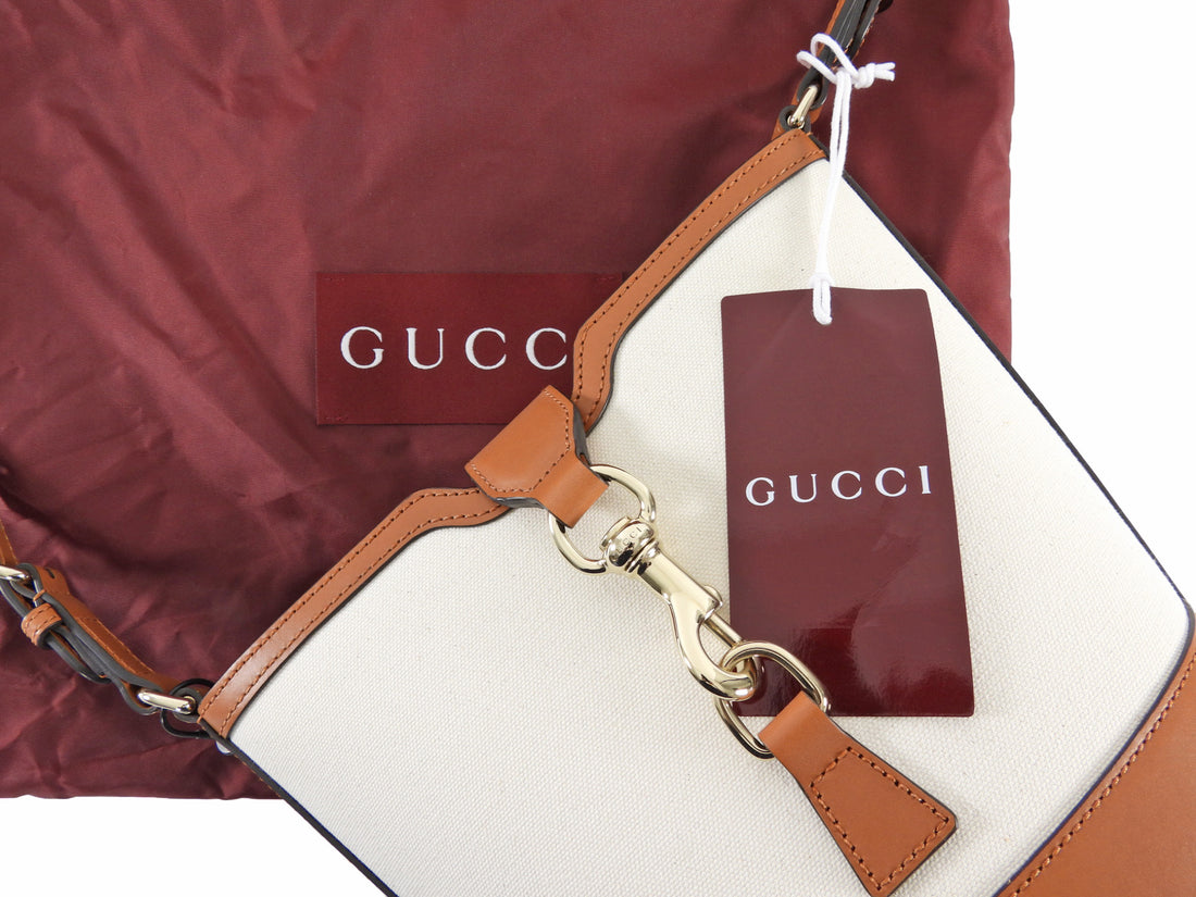 Gucci Toile Canvas and Brown Calfskin Tritone Stripe Web Small Bucket Bag