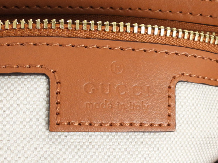Gucci Toile Canvas and Brown Calfskin Tritone Stripe Web Small Bucket Bag
