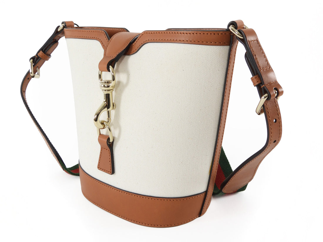 Gucci Toile Canvas and Brown Calfskin Tritone Stripe Web Small Bucket Bag