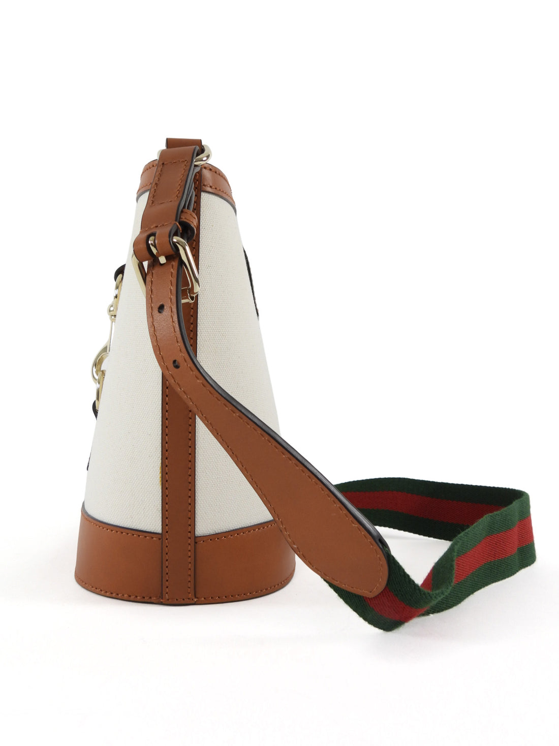 Gucci Toile Canvas and Brown Calfskin Tritone Stripe Web Small Bucket Bag