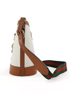 Gucci Toile Canvas and Brown Calfskin Tritone Stripe Web Small Bucket Bag