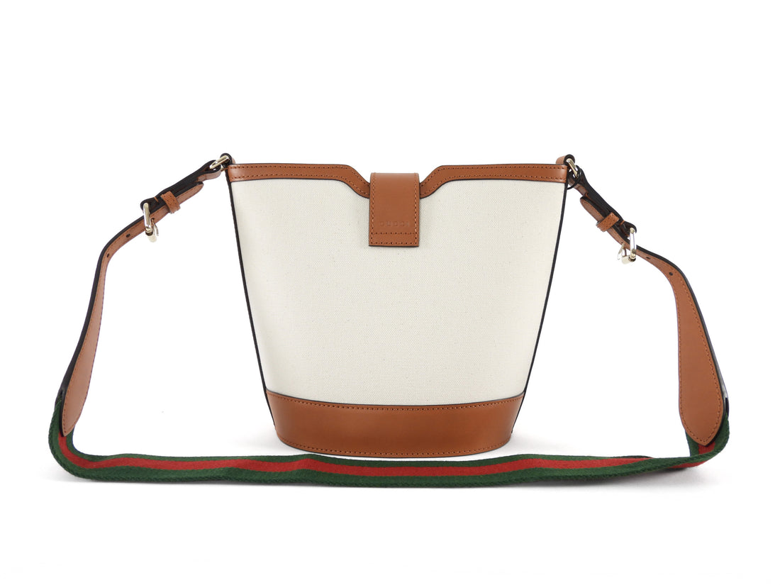 Gucci Toile Canvas and Brown Calfskin Tritone Stripe Web Small Bucket Bag