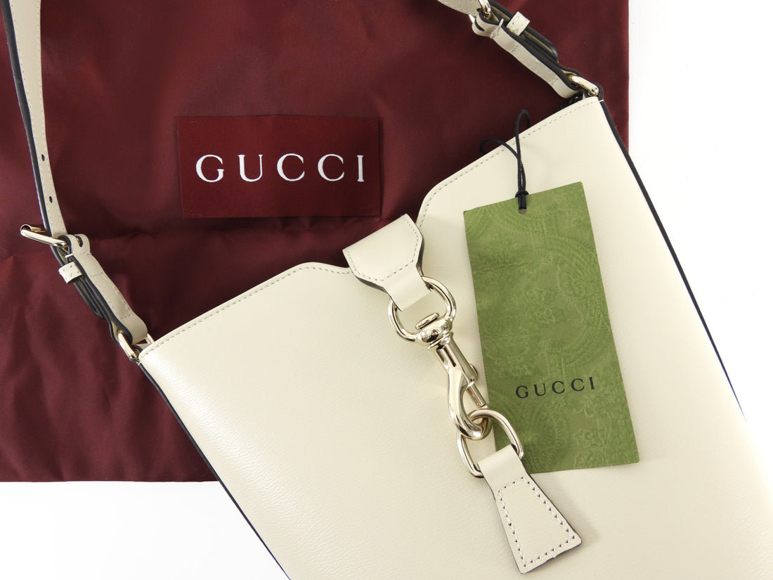 Gucci Ivory Calfskin Tritone Stripe Web Small Bucket Bag