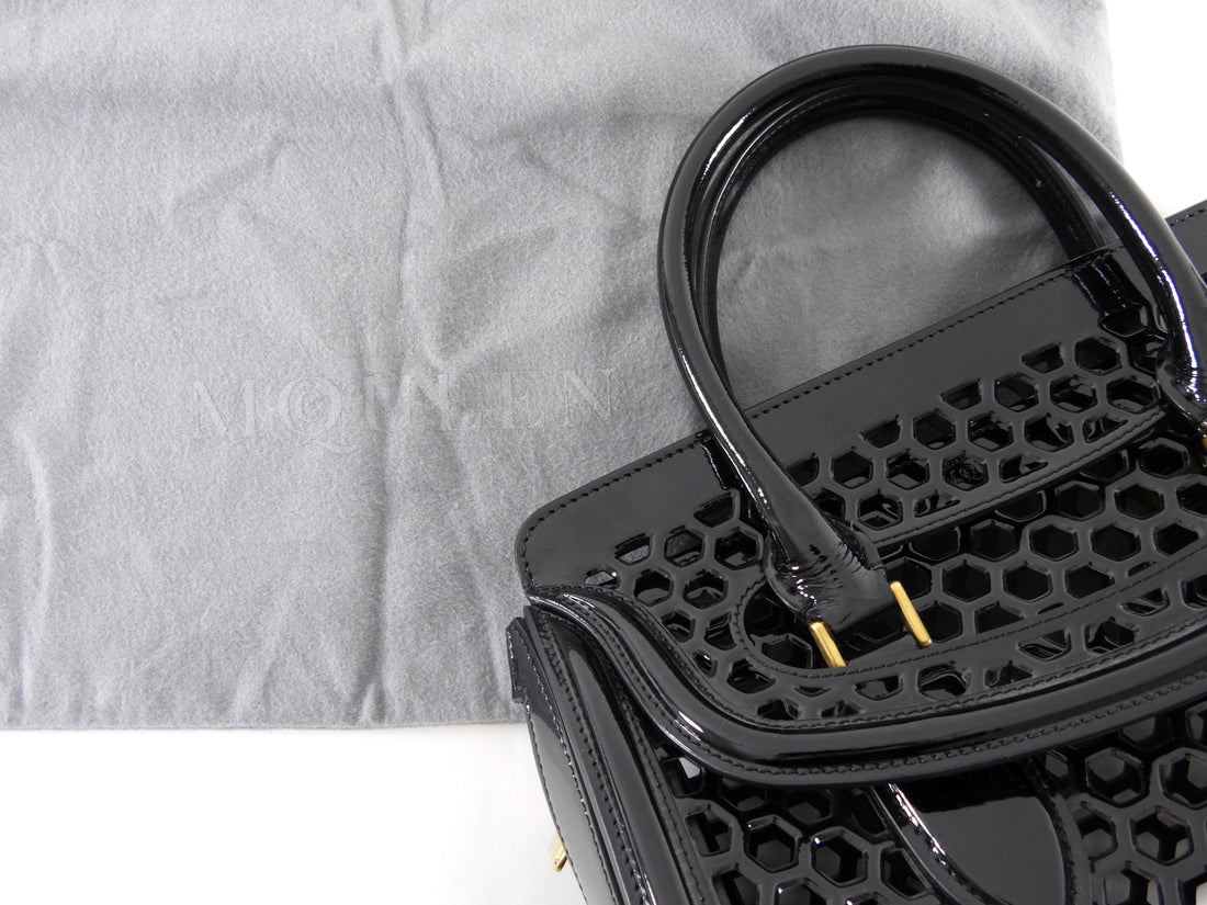 Alexander McQueen Black Patent Honeycomb Leather Heroine Bag