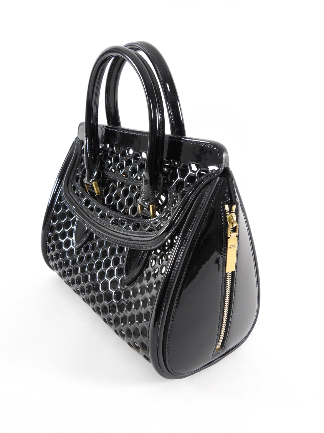 Alexander McQueen Black Patent Honeycomb Leather Heroine Bag