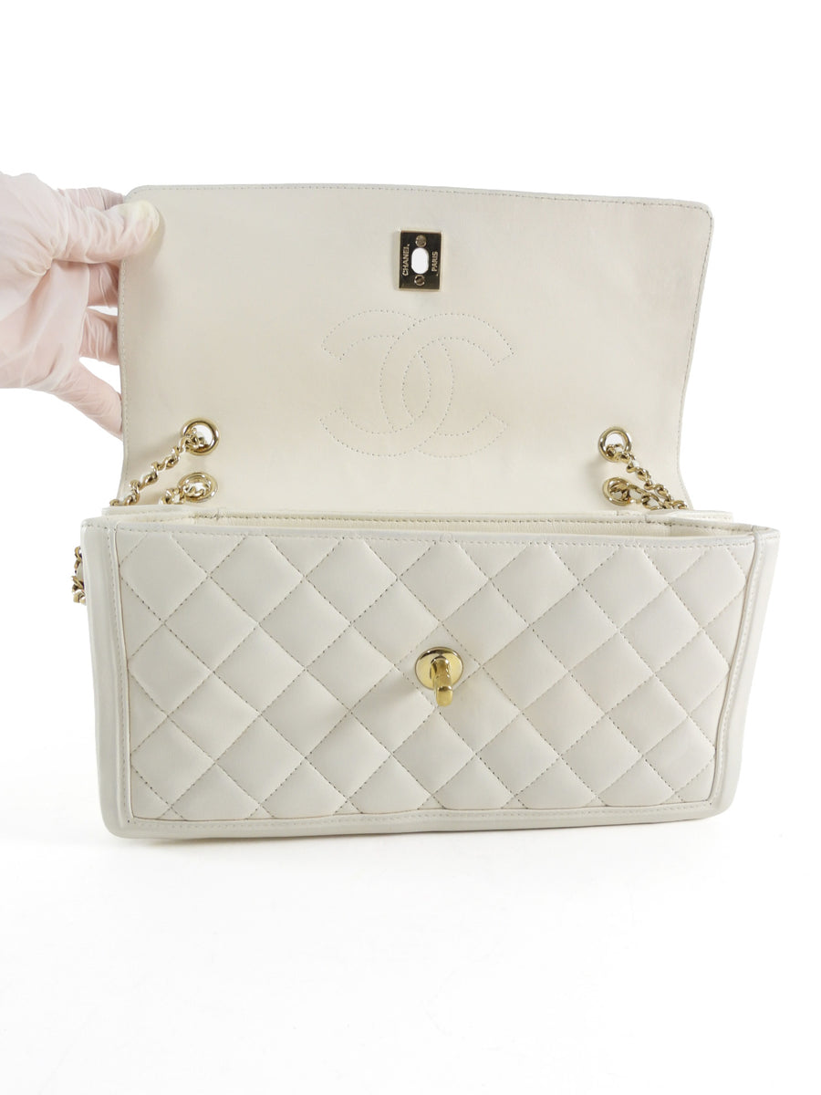 Chanel White Quilted Leather 3 Compartment Hanbok Flap Bag Medium