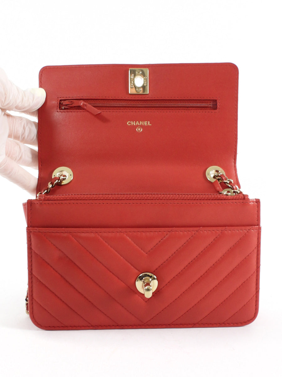 Chanel Red 2019 Chevron Lambskin Trendy WOC Wallet on Chain Bag