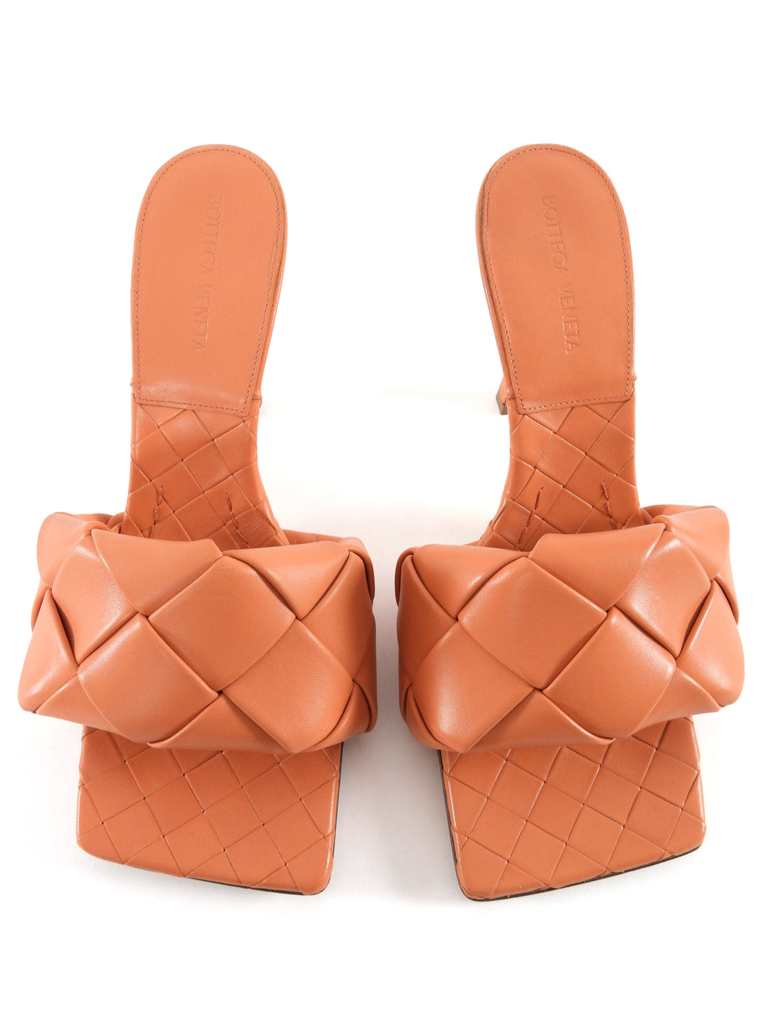 Bottega Venetta Coral Orange Leather Maxi Intrecciato Lido High Heel Sandals - 39.5