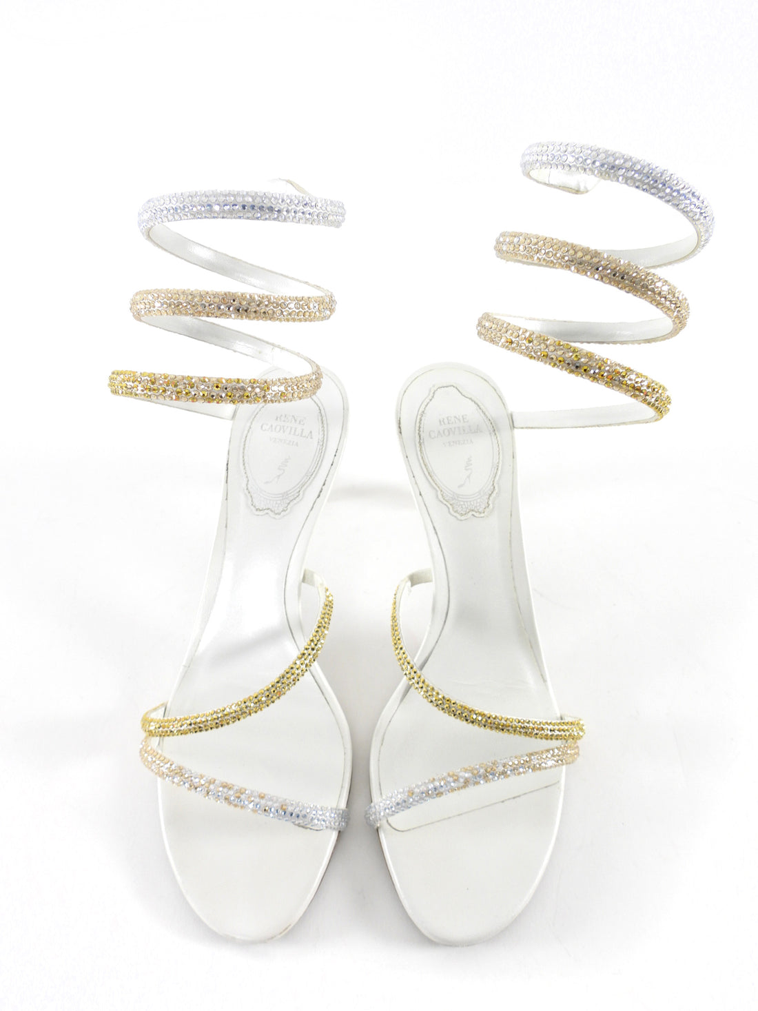 Rene Caovilla White Leather Gold Ombre Strass Embellished Open Toe Margot Sandals - 37