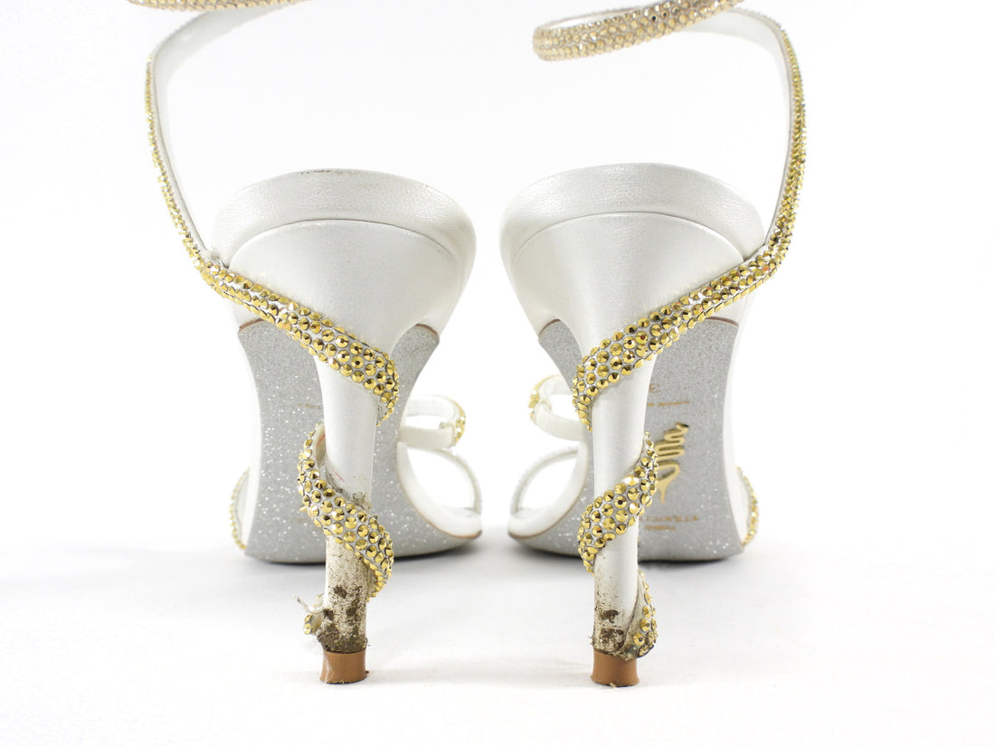 Rene Caovilla White Leather Gold Ombre Strass Embellished Open Toe Margot Sandals - 37
