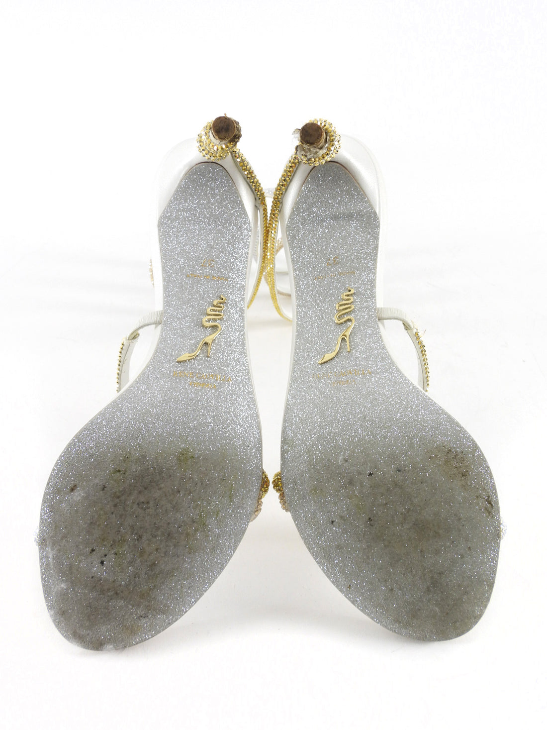 Rene Caovilla White Leather Gold Ombre Strass Embellished Open Toe Margot Sandals - 37