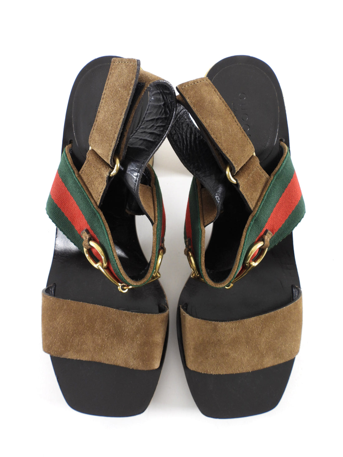 Gucci Brown Suede Web Horsebit Slingback Metallic Block Heel Qurelle Sandals - 37