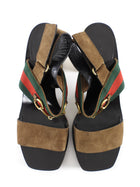 Gucci Brown Suede Web Horsebit Slingback Metallic Block Heel Qurelle Sandals - 37