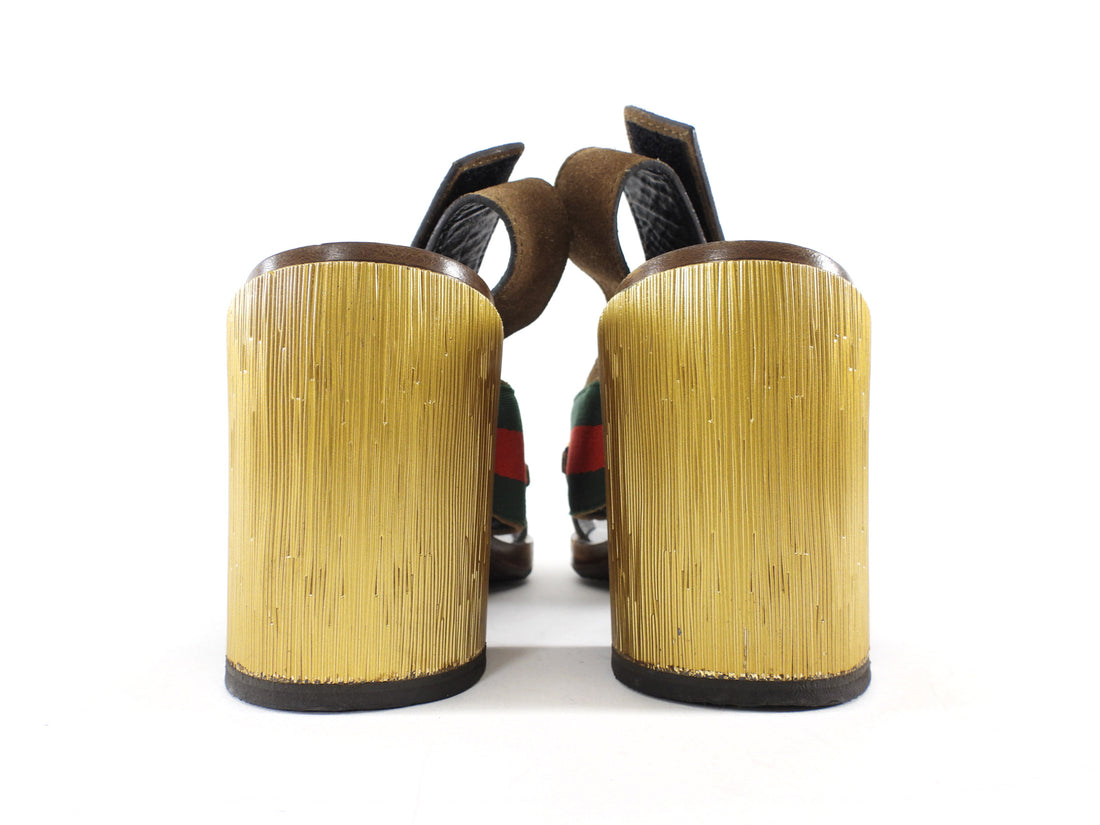 Gucci Brown Suede Web Horsebit Slingback Metallic Block Heel Qurelle Sandals - 37