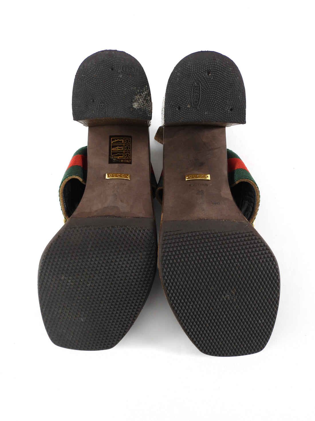 Gucci Brown Suede Web Horsebit Slingback Metallic Block Heel Qurelle Sandals - 37