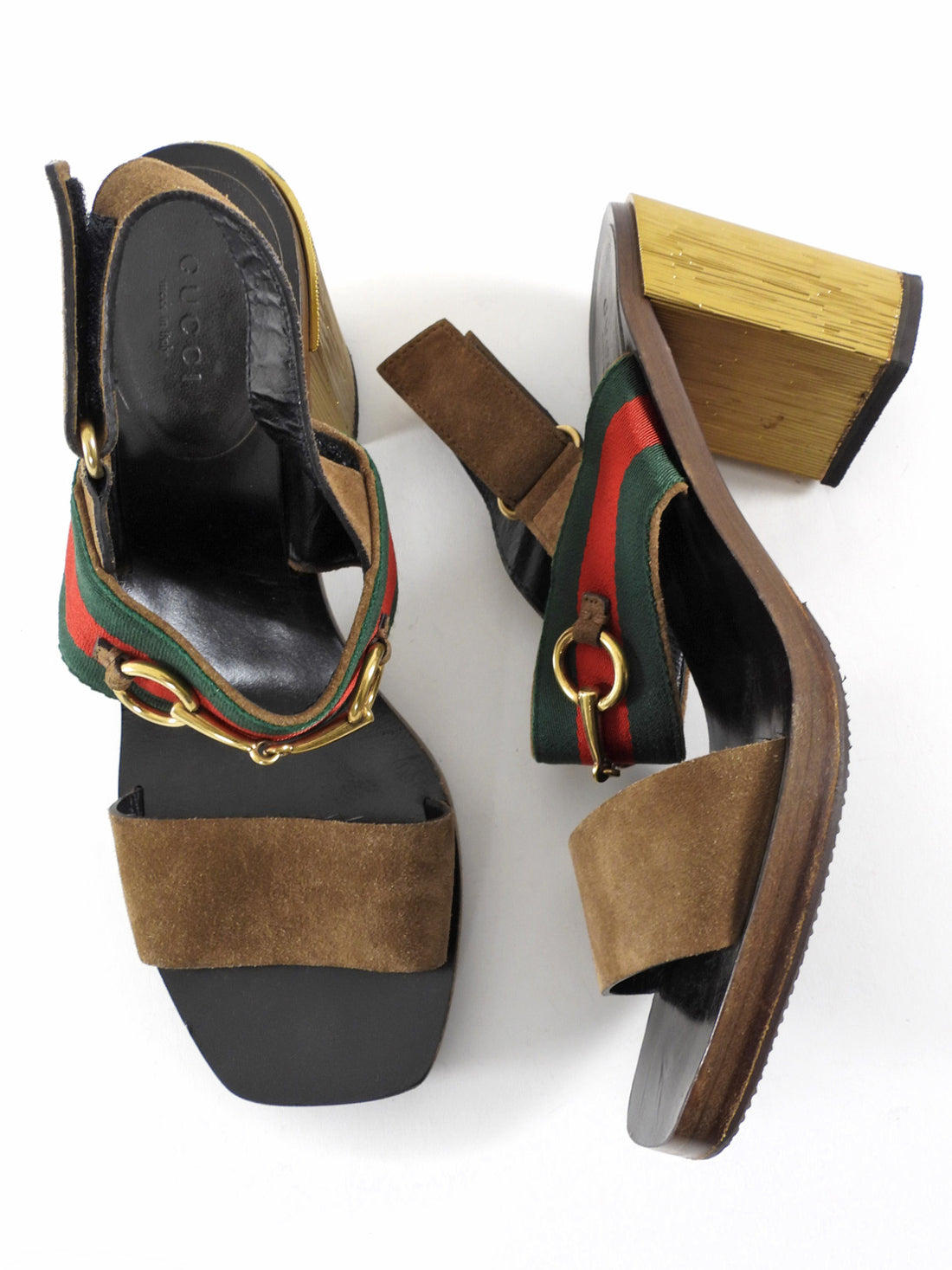 Gucci Brown Suede Web Horsebit Slingback Metallic Block Heel Qurelle Sandals - 37