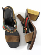 Gucci Brown Suede Web Horsebit Slingback Metallic Block Heel Qurelle Sandals - 37