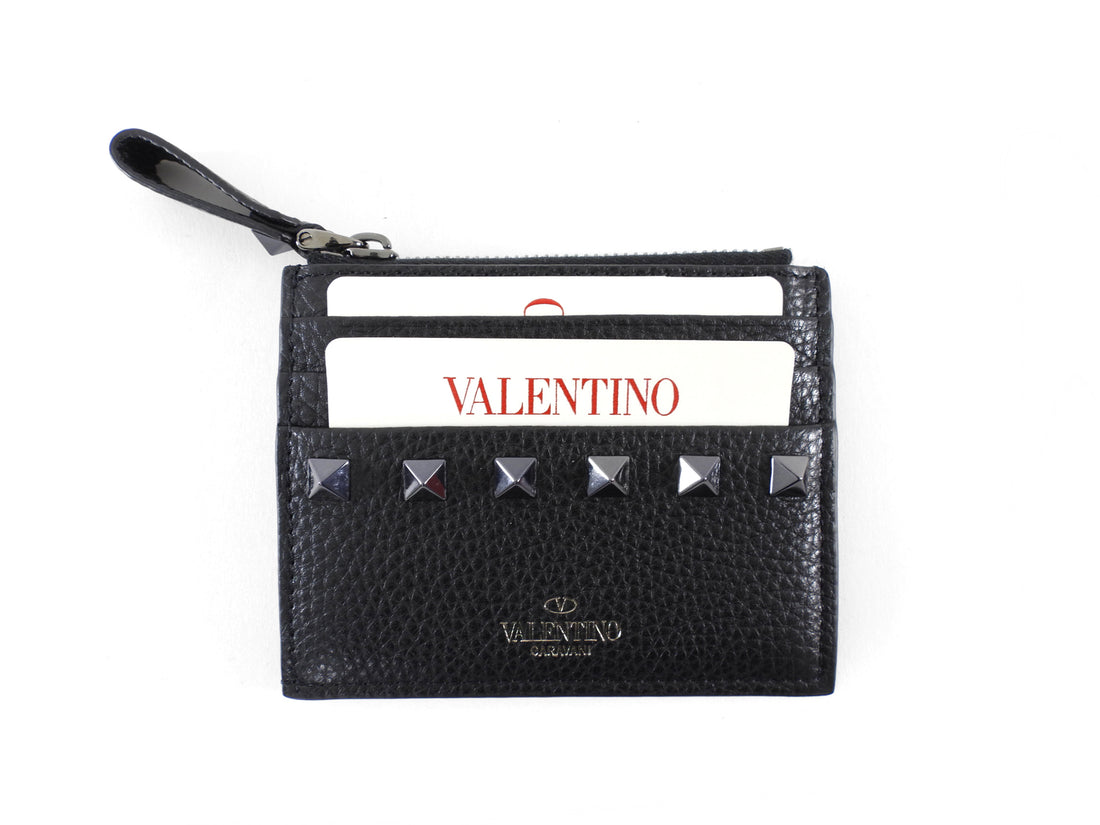Valentino Black Grained Leather Rockstud Zip Cardholder