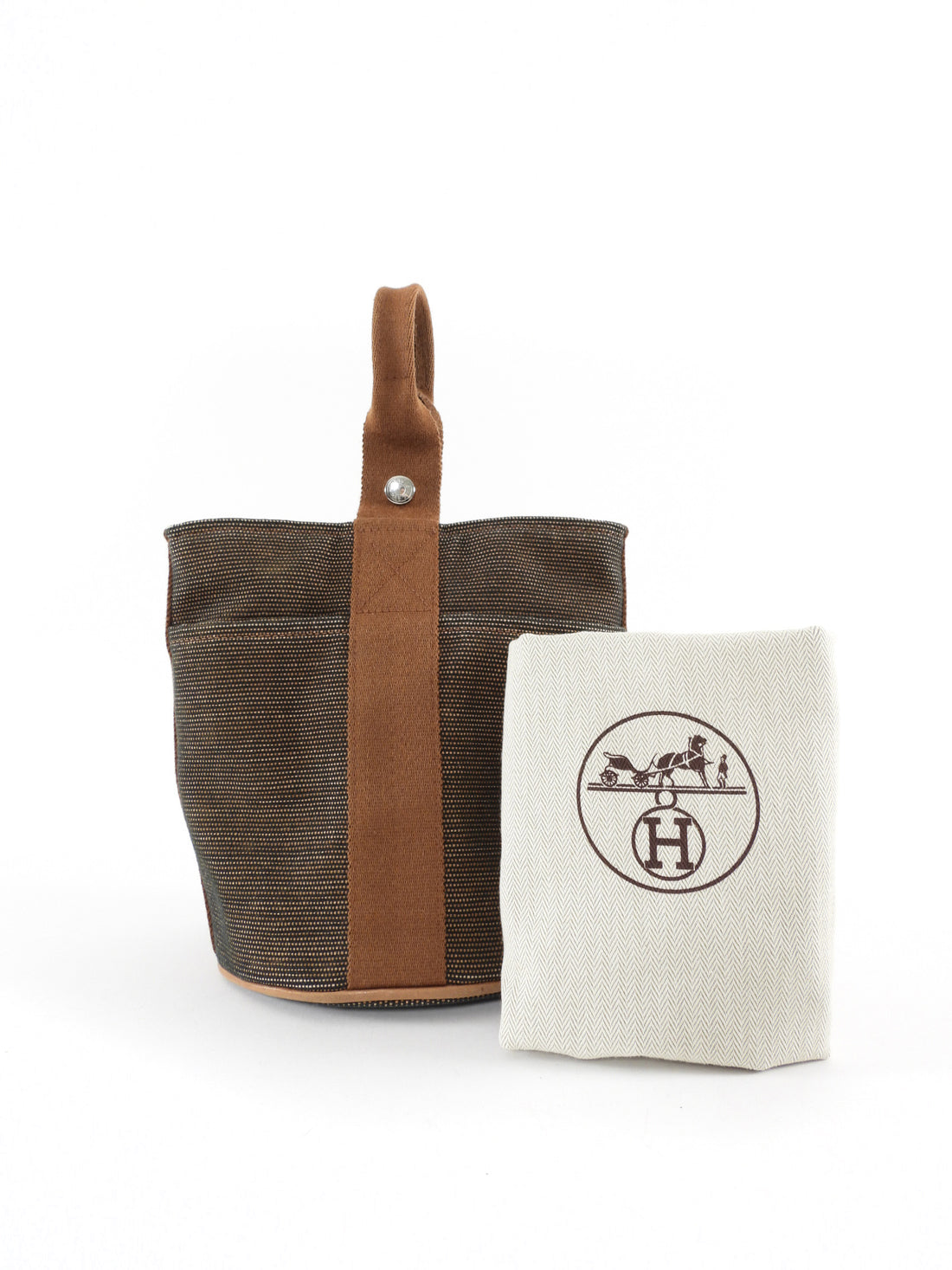 Hermes Brown Toille Canvas Saxo PM Bucket Bag