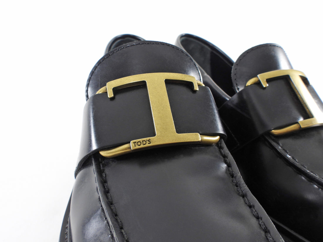 Tod's Black T-Plaque Block Heel Loafers - 36.5
