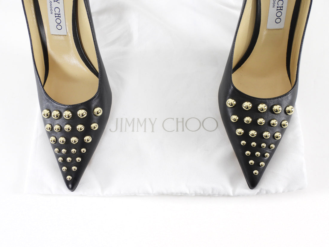 Jimmy Choo Black Studded Leather Pointed Pumps - 40