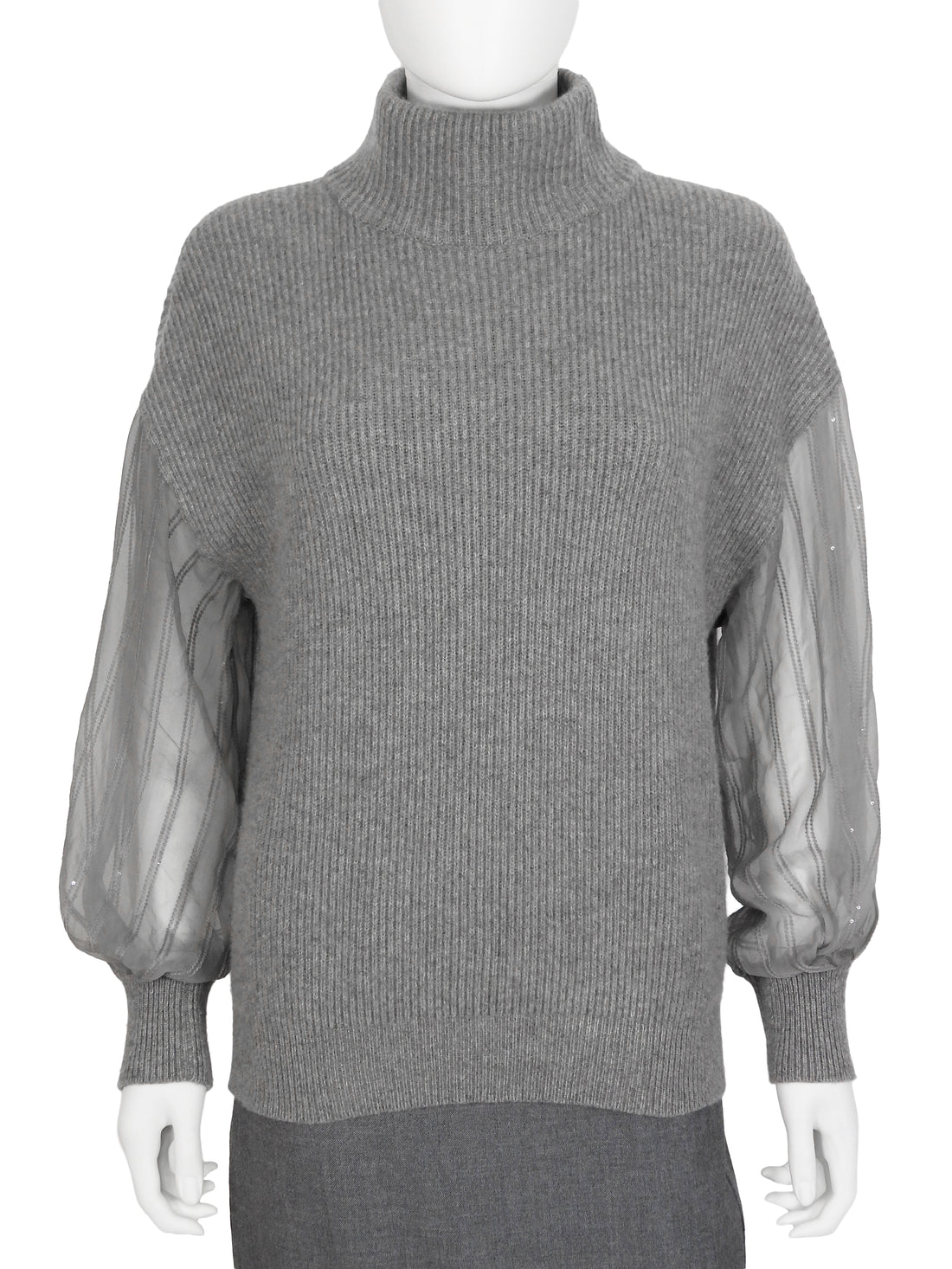 Brunello Cuccinelli Grey Cashmere Sheer Sleeve Sweater - M