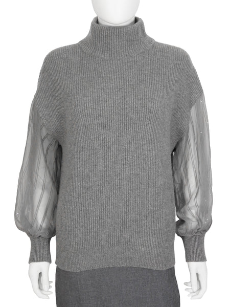 Brunello Cuccinelli Grey Cashmere Sheer Sleeve Sweater - M