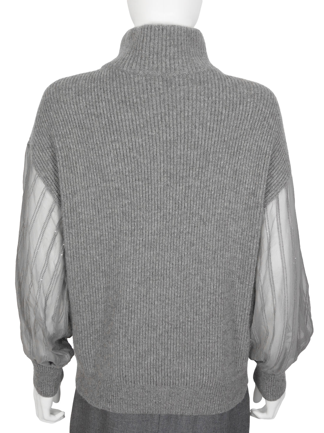 Brunello Cuccinelli Grey Cashmere Sheer Sleeve Sweater - M