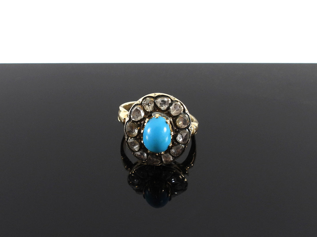 Antique Victorian 14k Turquoise Diamond Cluster Ring - 6