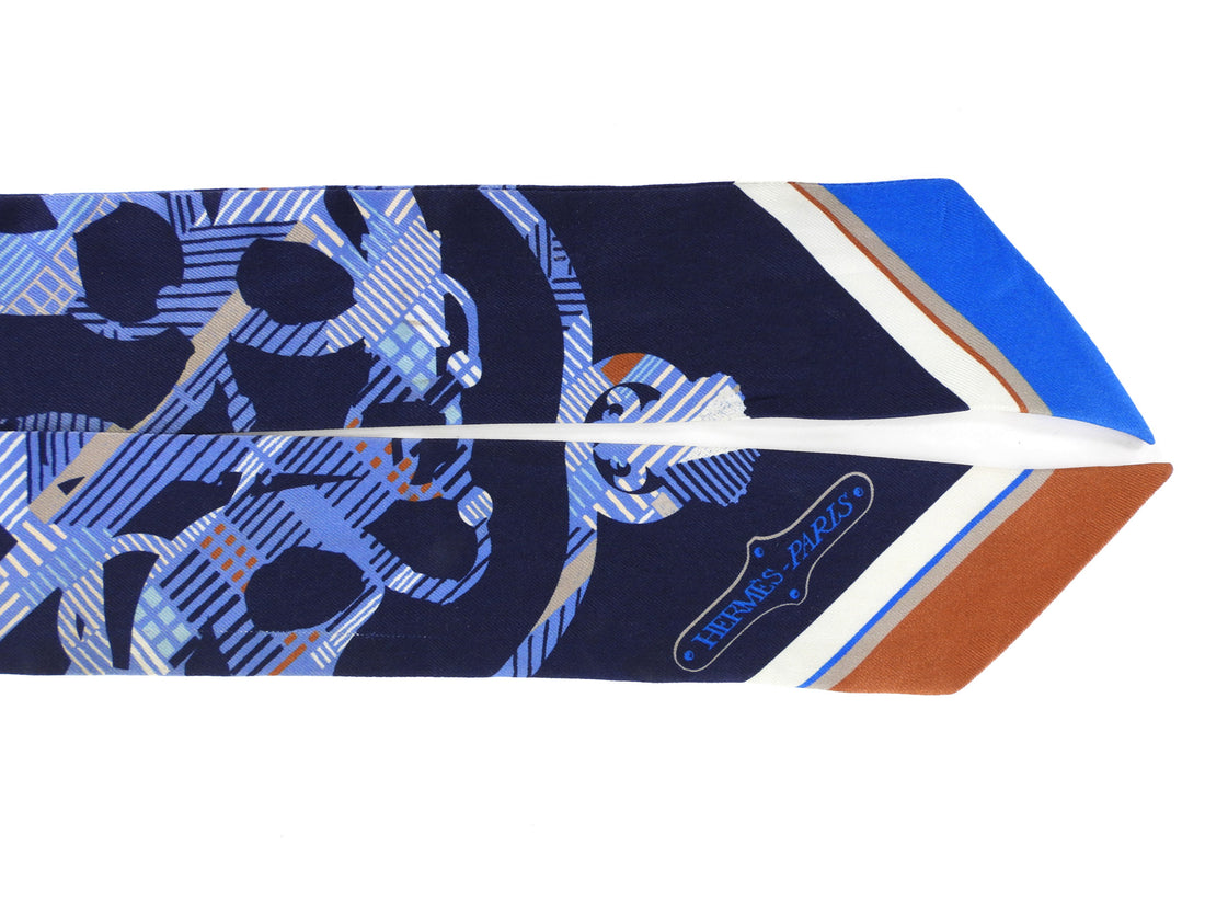 Hermes Navy Blue Brown Cavalcadour Silk Twilly Scarf