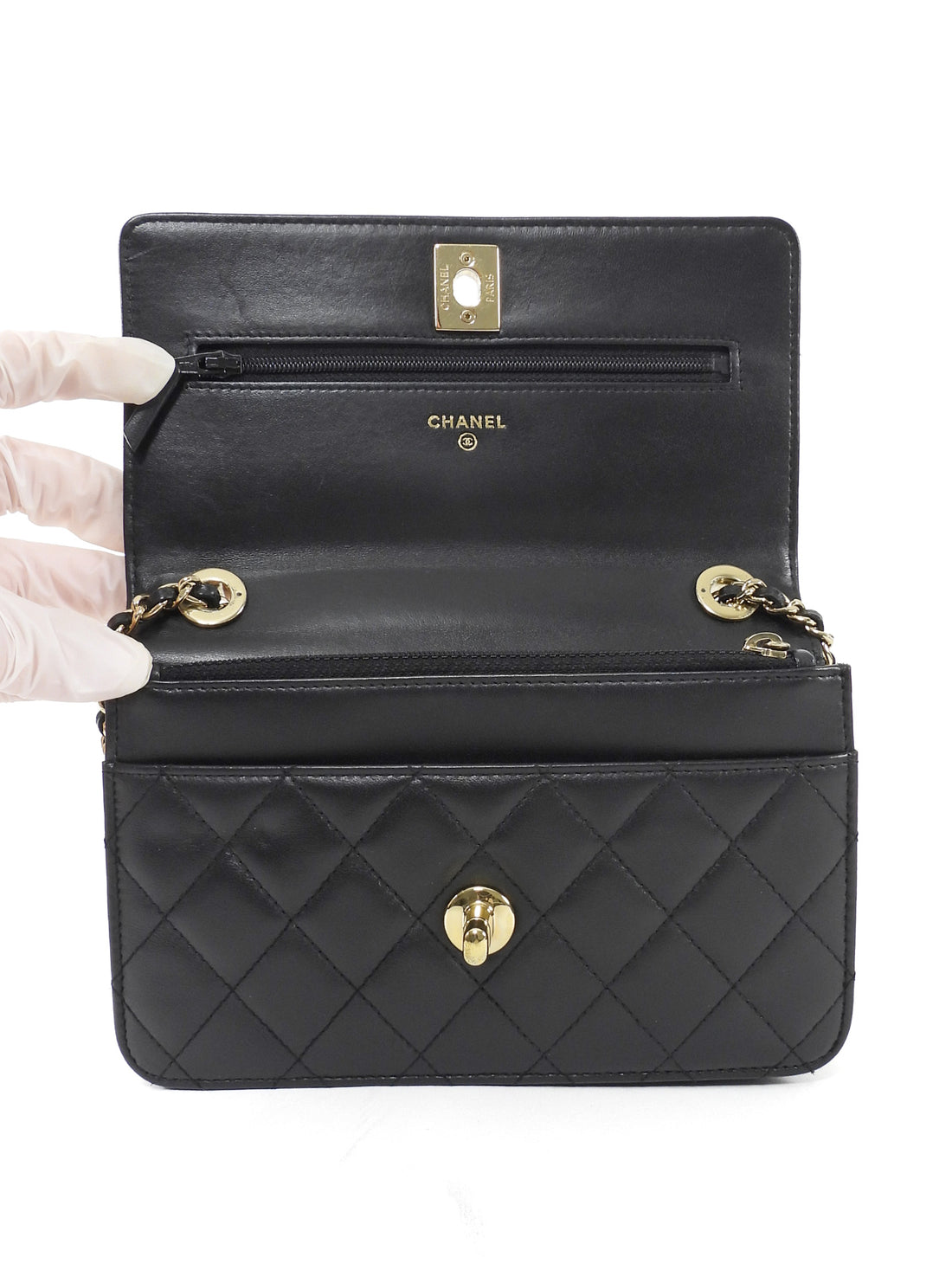 Chanel Black GHW Quilted Lambskin Trendy Wallet on Chain