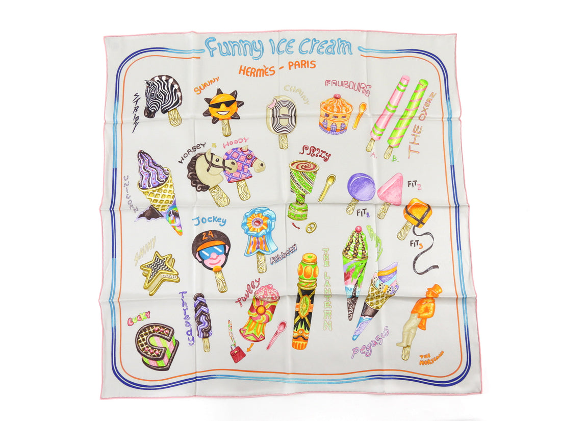 Hermes Pearl Grey Multicolor Funny Ice Cream Silk Scarf 70cm