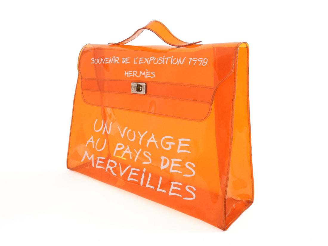 Hermes Vintage 1998 Orange Souvenir De L'Exposition Transparent Vinyl Kelly Bag