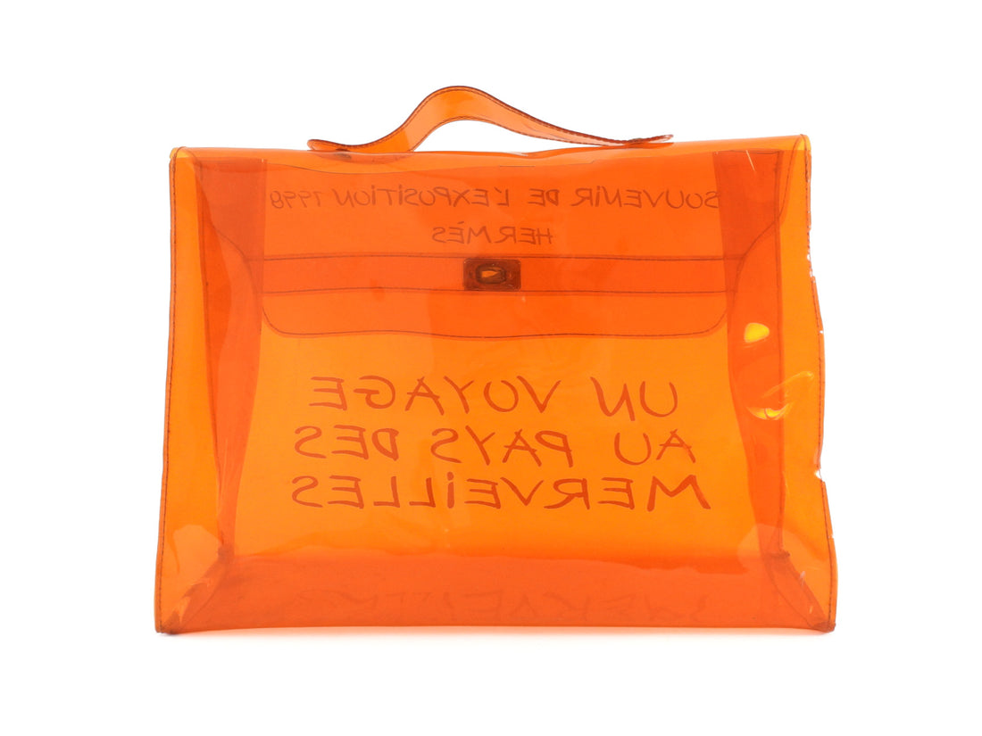 Hermes Vintage 1998 Orange Souvenir De L'Exposition Transparent Vinyl Kelly Bag