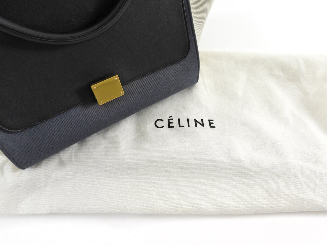 Celine Blue White Black Tricolor Denim and Leather Small Trapeze Two Way Bag