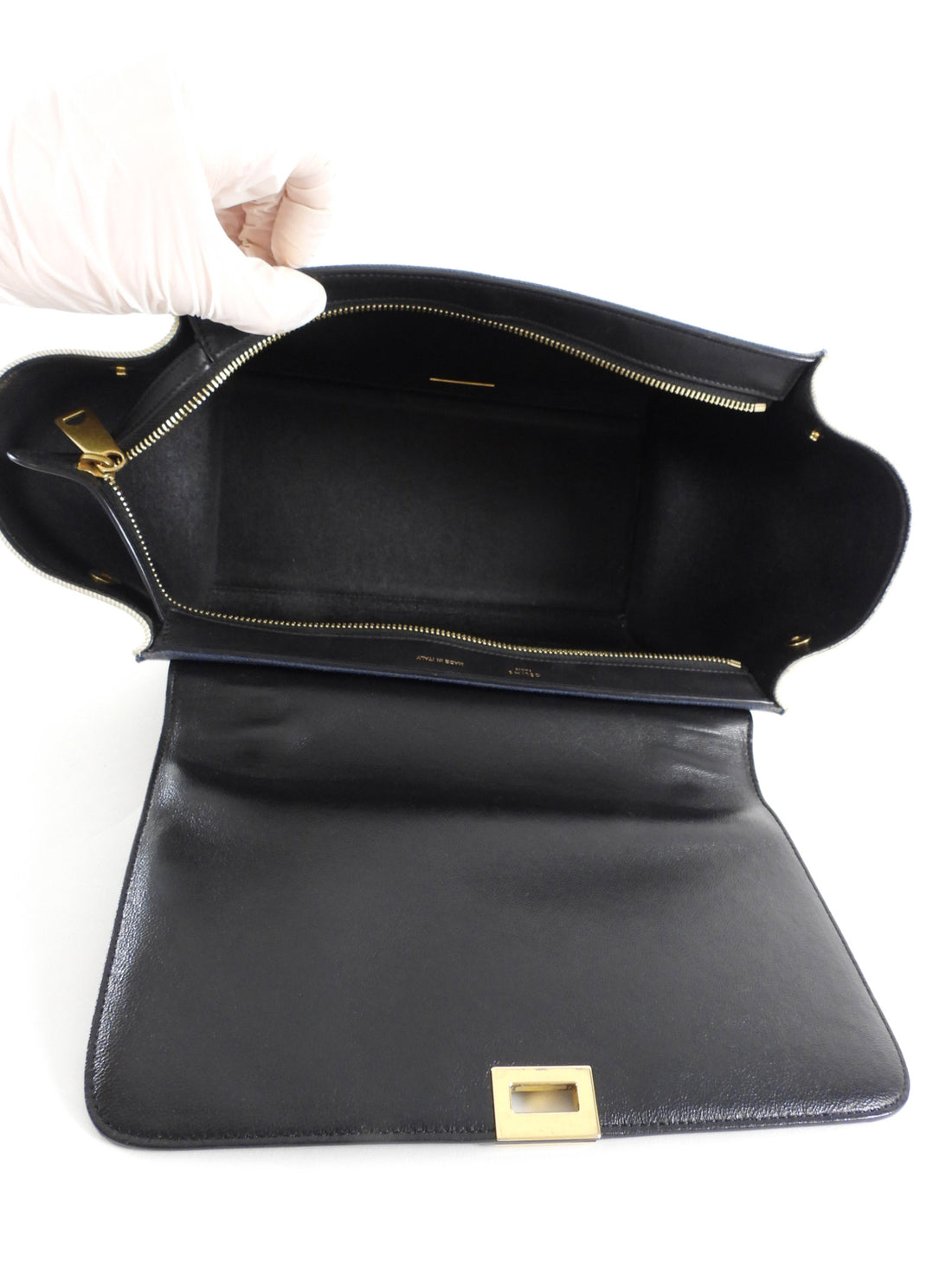Celine Blue White Black Tricolor Denim and Leather Small Trapeze Two Way Bag